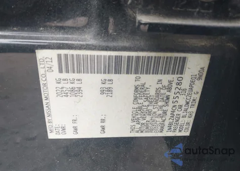 2012 Nissan Altima 3.5 Sr z USA, uszkodzony, nr VIN 1N4BL2AP4CN555280